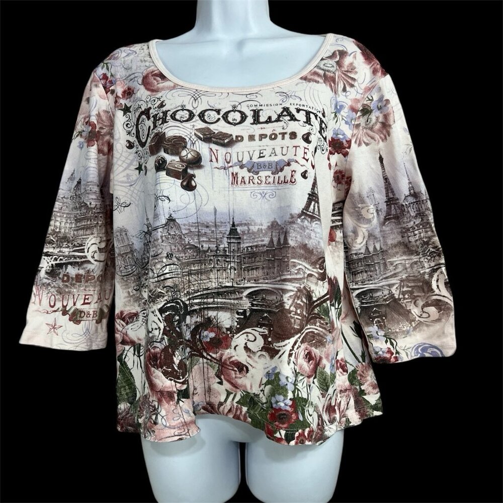 Vtg Y2K Graphic Top‎ Chocolate Paris Cityscape Eiffel Tower Sz M Pink Rhinestone